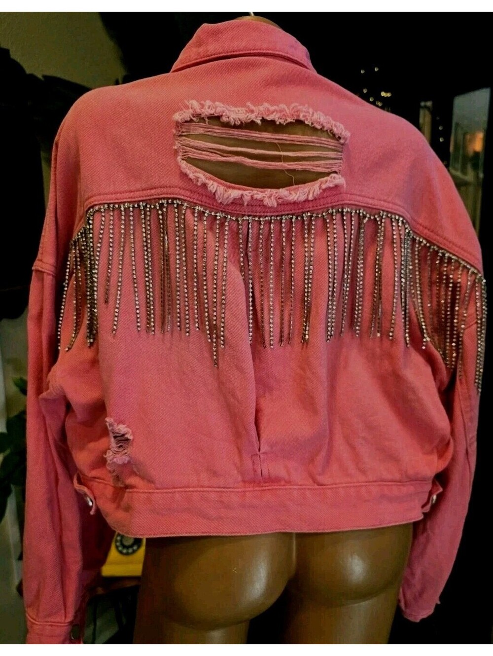 Blue B. Rhinestone Fringe Denim Cropped Distressed Cowgirl Western Festival M/L